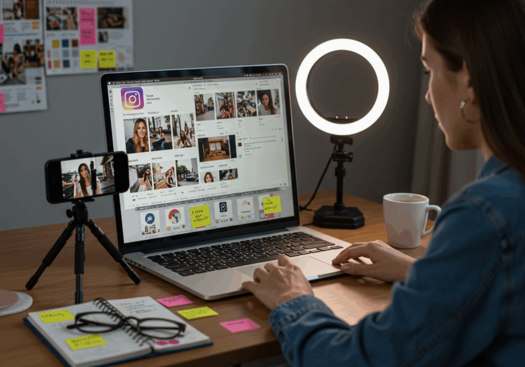 Uma criadora de conteúdo digital trabalhando em um ambiente moderno e criativo, com o celular em um tripé gravando stories enquanto ela edita posts em um notebook. A tela do computador exibe um feed do Instagram bem organizado, com fotos de alta qualidade, reels em destaque e legendas estratégicas. Ao lado, um planner com anotações como “engajamento”, “audiência” e “CTA criativo”. A mesa tem acessórios coloridos, luz de ring light acesa e uma xícara de café. Ao fundo, uma parede com moodboard e inspirações visuais. A atmosfera é dinâmica, jovem e focada em resultados.