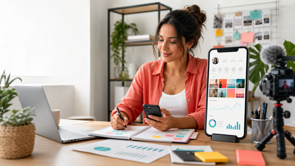 Empreendedor planejando crescimento organico no Instagram com calendario de conteudo e metricas