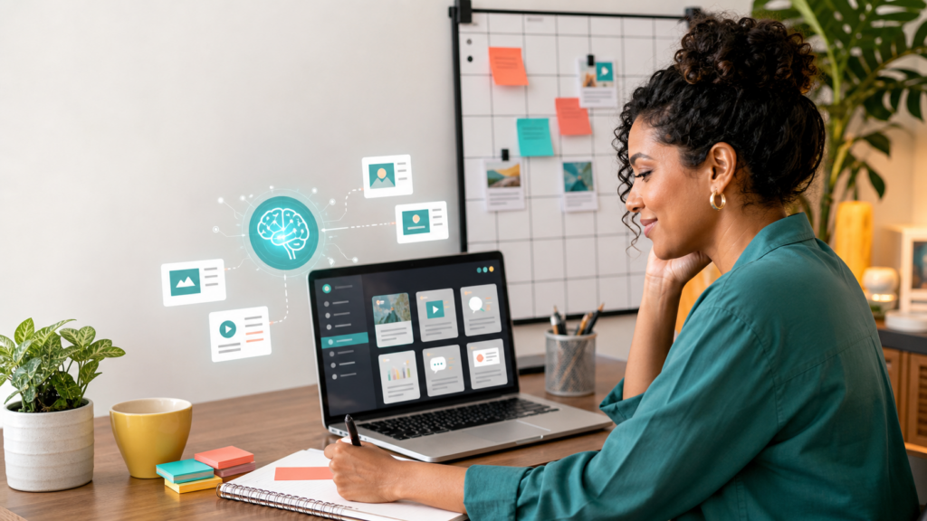 Empreendedor usando inteligencia artificial para planejar conteudos de marketing